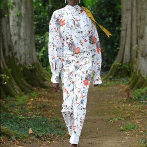 EUC Erdem Millicent White Floral Denim Stretchy Crop Pants 12